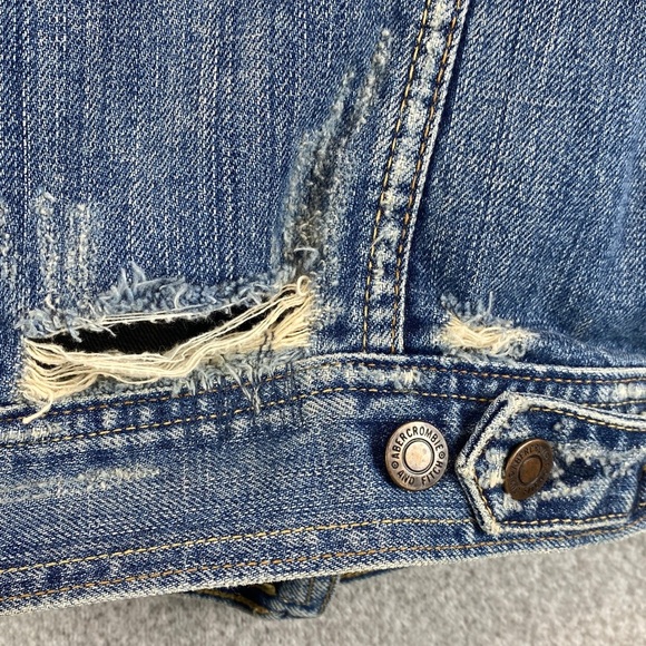 Vtg Abercrombie & Fitch distressed denim trucker jacket jr L grunge Y2K - Picture 9 of 11